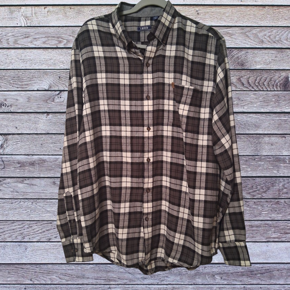 IZOD Mens Gray & White Plaid Long Sleeve Button-Down Flannel Shirt Size Large